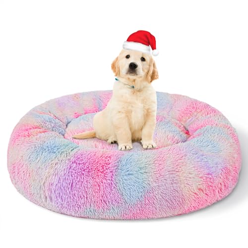 Calming Dog Bed for Medium Dogs, Fluffy Soft Cozy Cat Bed, Faux Fur Anti-Anxiety Plush Washable Pet Donut Cuddler for All Seasons 24IN, Mixed Rainbow - color: Rainbow, size: M:24x24INCH