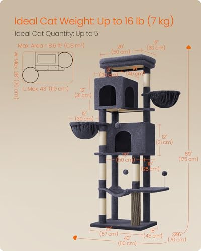 Feandrea Cat Tree, 69-Inch Tall Cat Tower, Multi-Level Plush Condo with 2 Caves, 2 Baskets, 5 Scratching Posts, Self-Groomer, Perch, Hammock, Dark Gray UPCT182G02 - color: Dark Gray