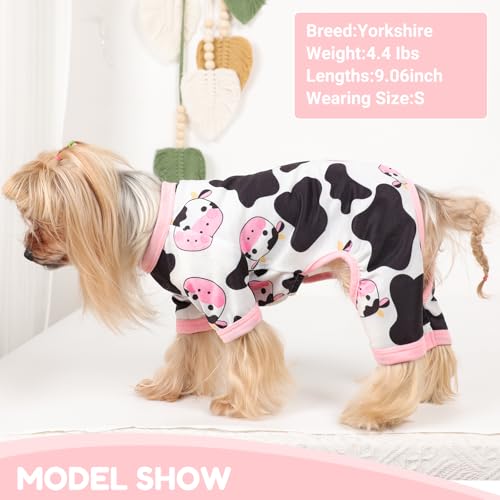 Dog Pajamas Small Sized Dogs Stretchable Summer Dog Clothes Pjs 4 Legs Girl Boy Cute Soft Puppy Outfits Doggie Cat Jammies Jumpsuit Sleeper for Pet, Pink Cow, L - color: Pink Cow, size: Large (Chest 17in )