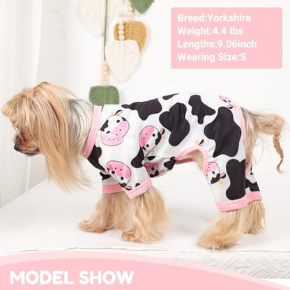 Dog Pajamas Small Sized Dogs Stretchable Summer Dog Clothes Pjs 4 Legs Girl Boy Cute Soft Puppy Outfits Doggie Cat Jammies Jumpsuit Sleeper for Pet, Pink Cow, L - color: Pink Cow, size: Large (Chest 17in )