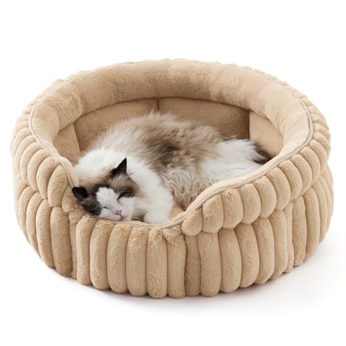 Bedsure ComfyFleece™ Cat Bed, Washable Round Cute Cat Beds for Indoor Cats, Super Soft Corduroy Pet Bed for Puppy and Kitten with Anti-Slip Bottom, 23''x23''x8.5'', Sandy Beige - color: Sandy Beige, size: 23''x23''x8.5''