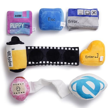 Nocciola Funny Squeaky Dog Toys, Old Tech Themed Stuffed Plush Puppy Toy Set with Hidden Treat Pockets, Cute Crinkle Chew Toys for Small Medium Large Breed, Boy Dog Birthday Gifts, 7 Packs - style: Tech Themed