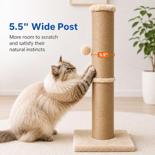 Sisal Cat Scratching Post for Indoor Cats & Kittens, 5.5" Diameter Heavy Duty Vertical Scratcher, 32 Inch Extra Tall Furniture Protector with Stable Base, Yellow - color: Cylinder Yellow