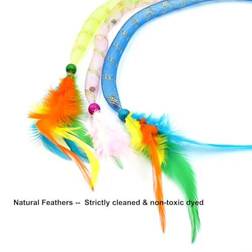 IUHKBH Cat Wands, 3 PCS Soft Line Tube Teaser Wands Colorful Feather Wands with Bell Interactive Cat Toys