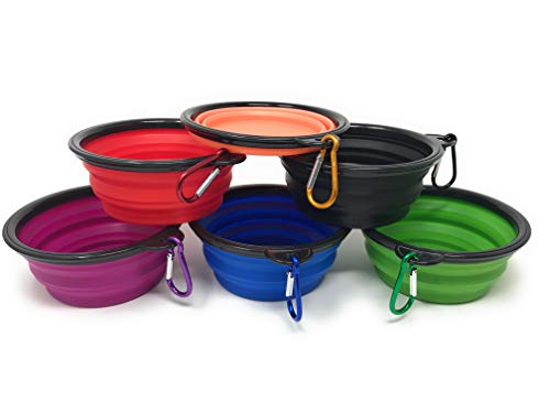 6-Pack Collapsible Silicone Travel Dog Bowls with Carabiner Clip - Portable Foldable Pet Food Water Bowls BPA Free for Hiking Camping Dogs Cats Assorted Colors