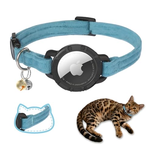 AirTag Cat Collar Breakaway, Double Velvet cat Collar with Apple Air Tag Holder and Bell, Ultra-Durable, Adjustable, Quick Release, Fits Most Girl Boy Small Large Cats (8.5''-12'') Blue - color: Blue