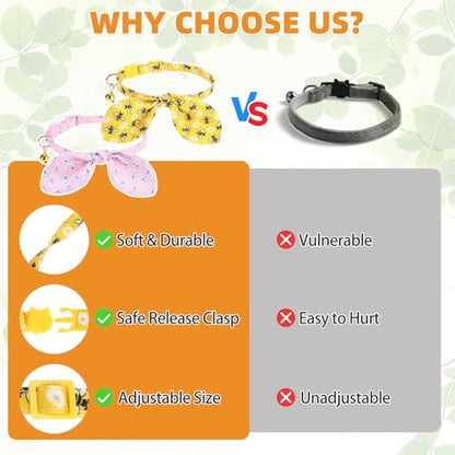 KOOLTAIL Summer Cat Collar Breakaway with Bowtie and Bells, 2 Pack Cute Kitten Collars, Butterfly & Bee Design with Safety Buckle Adjustable for Small Large Cats Boys & Girls - color: Butterfly & Bee