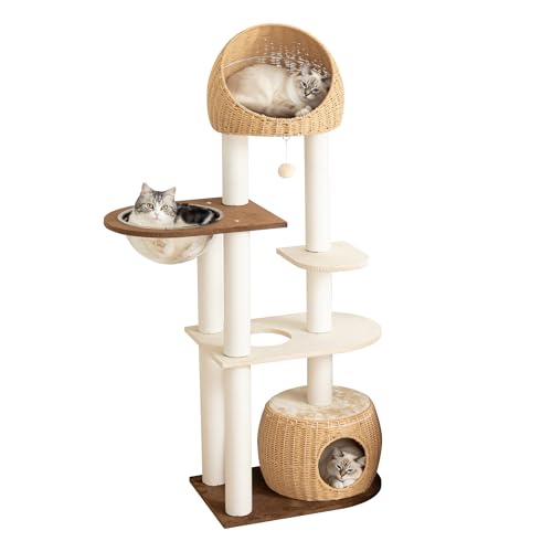 Modern Cat Tree for Large Cat, 60-Inch Tall Cat Tower with Scratching Post for Indoor Cats, Multi-Level Cat Condo with Hand-Woven Cat Bed and Acrylic Bowl (Brown-Particle Board) - color: Brown 81004D