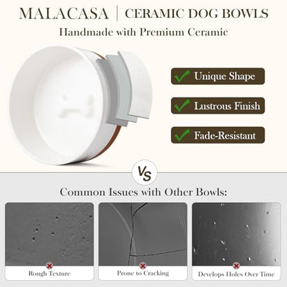 MALACASA Ceramic Dog Bowls Set with Wood Stand, 3.5 Cups Pet Bowls for Medium Dogs with Non-Slip Base, Large Puppies, Cats, Retrievers, ect.Pet Food & Water Basic Bowls Set, Weighted Glaze Matte.34 OZ - color: Vanilla White（2 PCS with Stand）, size: M-3.5