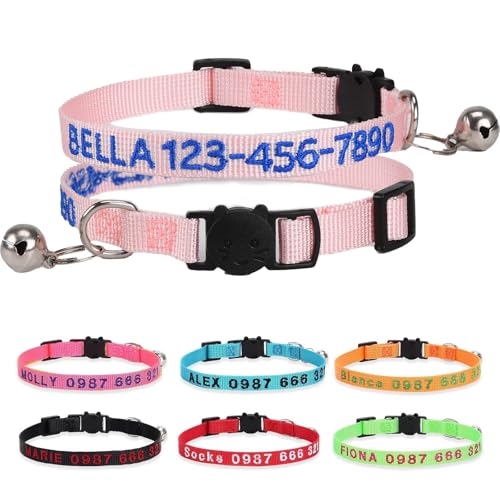 Personalized Cat Collars, Embroidered with Pet Name and Phone Number, Adjustable Nylon Breakaway Safety Release Buckle ID Collar,Custom Text with Bell for Cat or Kitten,Light Pink - color: Light Pink