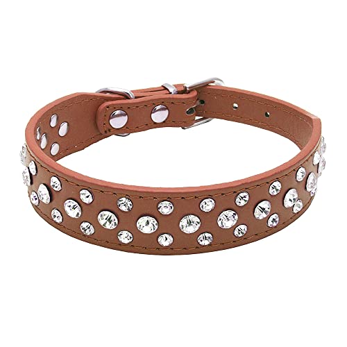 Rhinestone Dog Collar, Bling Rhinestone PU Leather Crystal Diamond Pet Dog Cat Puppy Collar Black S M L XL (XS, Brown) - color: Brown, size: XS