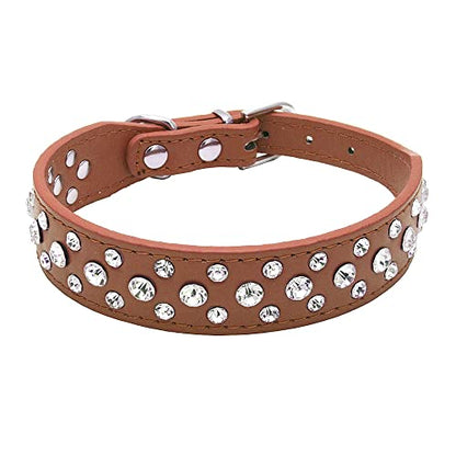 Rhinestone Dog Collar, Bling Rhinestone PU Leather Crystal Diamond Pet Dog Cat Puppy Collar Black S M L XL (S, Brown) - color: Brown, size: S