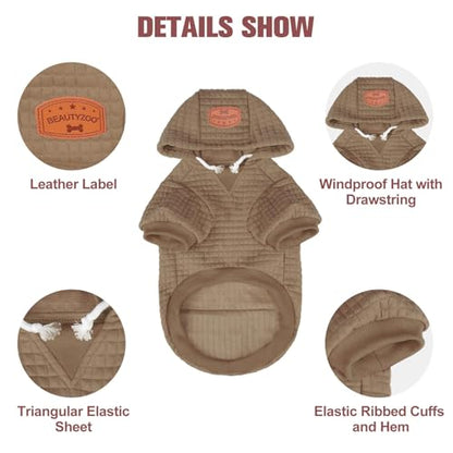 BEAUTYZOO Small Dog Hoodie Sweater with Pockets, Dog Clothes for Small Medium Dogs Boy Girl, Waffle-Like Laminated Cotton Pet Coats with Hat and Leash Hole, Khaki S - color: Khaki, size: S (Back: 12",Chest: 16", Neck: 10")
