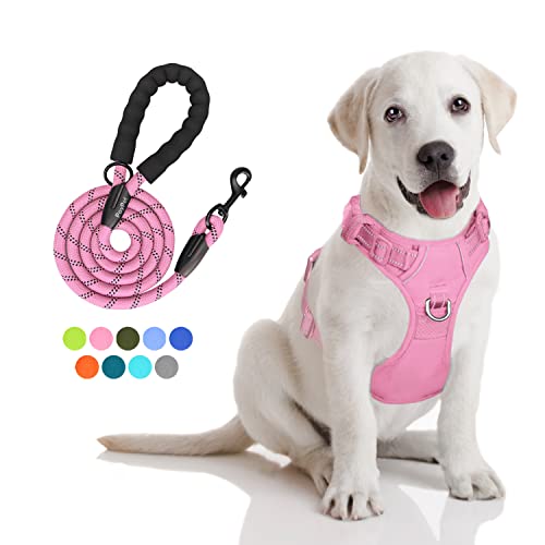 PoyPet No Pull Dog Harness and 5 Feet Leash Set, Release on Neck Reflective Adjustable Pet Vest, Front & Back 2 D-Ring and Soft Padded Pet Harness with Handle for Small to Large Dogs(Pink,M) - color: Light Pink, size: Medium