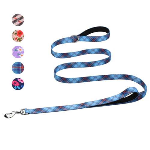 Hikiko 6 Ft Dog Leash, Padded Double Handle Leashes for Medium Large Dogs, Soft Traffic Handles Lead for Walking (Blue Plaid) - color: Blue Plaid, size: 1 in x 6 ft