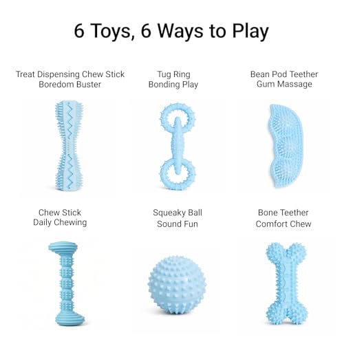 Puppy Chew Toys 6 Pack, Soft TPR Teething Toys for Puppies 2–10 Months, BPA Free Non Toxic Set with Treat Dispensing Stick, Tug Ring & Squeaky Ball for Small Medium Dogs (Blue) - color: Blue