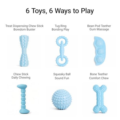 Puppy Chew Toys 6 Pack, Soft TPR Teething Toys for Puppies 2–10 Months, BPA Free Non Toxic Set with Treat Dispensing Stick, Tug Ring & Squeaky Ball for Small Medium Dogs (Blue) - color: Blue