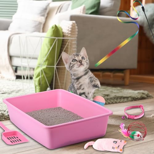 7 Pcs Small Cat Kitten Starter Kit - Litter Box, Paw Mat, Double Bowls, Toy Teaser Stick, Collar - Essentials Kit for 1-3 Lbs Beginner (Pink)
