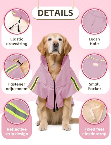 Dog Rain Coat, Waterproof Adjustable Dog Rain Jackets, Reflective Strap Pet Rain Coat with Leash Hole, Hooded Snowproof Windproof Clothes for Small Medium Dog Large - size: Large