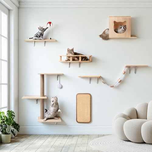 Cat Wall Shelves, Solid Wooden Wall-Mounted Cat Furniture, Set of 6 Cat Climbing Shelves with House, Bed, Bridge, Tree, Steps and Scratcher - color: Solid Wood