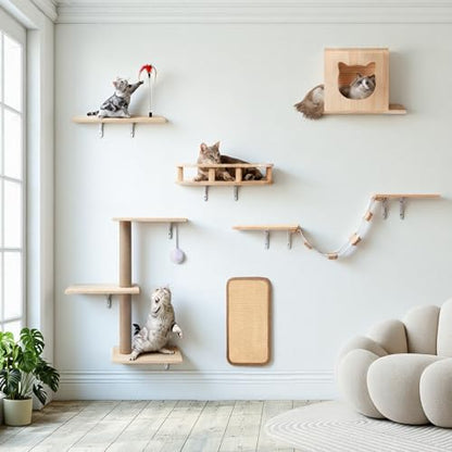 Cat Wall Shelves, Solid Wooden Wall-Mounted Cat Furniture, Set of 6 Cat Climbing Shelves with House, Bed, Bridge, Tree, Steps and Scratcher - color: Solid Wood
