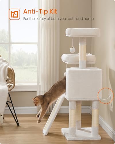 Feandrea Cat Tree, 45.3-Inch Cat Tower, Plush Condo with Scratching Post, Ramp, Perch, Spacious Cave, for Small Space, Cream White UPCT141W02 - color: Cream White