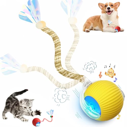 Speed 2.0 Tail Interactive Cat Toys for Indoor Cats, Chirping & Motion Activate Cat Toy, Smart Kitten Rolling Ball Moving Ball Toys, Rechargeable Dog Cat Bal l for Enrichment Exercise (Yellow) - color: Yellow