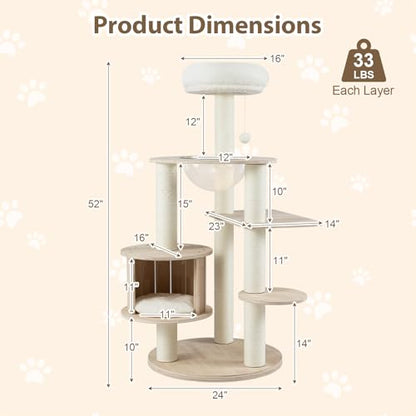 PETSITE 52 Inches Wooden Cat Tree, Multi-Level Modern Cat Tower with Scratching Posts, Space Capsule, Condo, Interactive Hanging Ball, and Top Perch with Removable and Washable Cushions