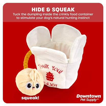 Downtown Pet Supply Chinese Takeout Plush Dog Toy – Crinkle Takeout Box with Squeaky Dumpling Rope | Interactive Hide & Seek Tug Toy for Small, Medium & Large Dogs - style: Asian Takeout