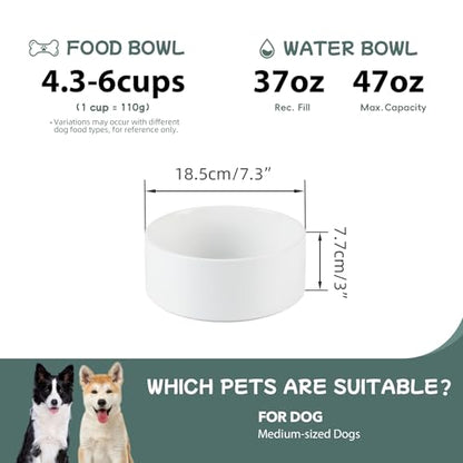 Havniva 7.3” Ceramic Dog Bowls, Dog Food and Water Bowl for Medium Dogs, Durable Dog Water Bowl with Non-Slip Rubber Base Large Capacity Pet Feeding Bowl - color: Matte White, size: 7.3 Inch
