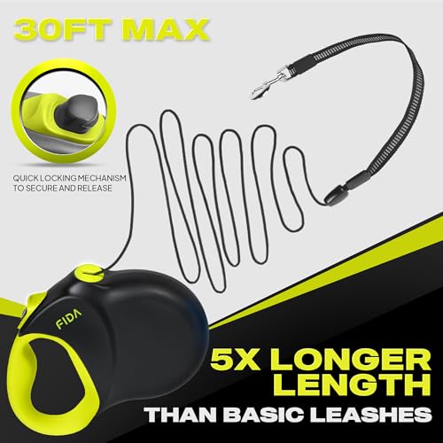 Fida 30ft Upgraded Retractable Dog Leash, Heavy Duty Pet Walking Leash for Medium/Large Breed up to 110 lbs, 360° Tangle-Free Long Retract Dog Lead, Soft Grip, One-Hand Brake, Neon Yellow - color: Neon Yellow, size: Large（30ft）