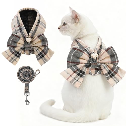 KOOLTAIL Cute Cat Harness and Leash Set with Bowtie, Small Dog Vest Harnesses, Step in No Pull Soft Mesh Padded Adjustable Plaid Pet Harness for Extra-Samll Medium Puppy Kitten, Boy Girl, Beige XS - color: Beige, size: XS (Chest Girth: 11.5"-12.8")