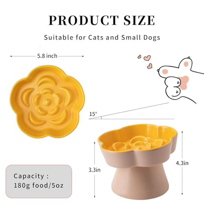 Tilted Cat Bowl, Flower-Shaped Ceramic Slow Feeder Cat Bowl, Raised Pet Bowl for Whisker Relief, Prevents Vomiting & Bloating, Non-Slip Base, Easy to Clean for Dry/Wet Food (Yellow & Beige) - color: Yellow & Beige