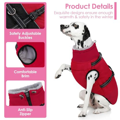 AOFITEE Dog Coat, Warm Dog Jacket with Harness Built-in, Waterproof Medium Dogs Cold Weather Coat with Zipper, Reflective Fleece Lined Pet Snow Jackets for Pug, Jack Russell, Boston Terrier, Red M - color: Red, size: Medium