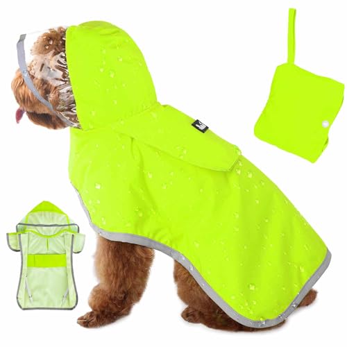 Lukovee Dog Raincoat, Adjustable Dog Rain Jacket with Clear Hooded Double Layer for Large Medium Small Dogs Puppies, Waterproof Rain Coat Poncho with Reflective Storage Pocket & Rim (Green, S) - color: Green, size: Small