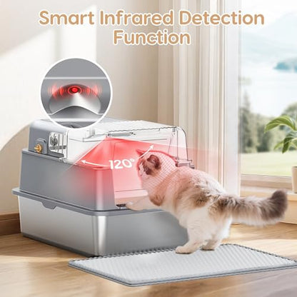 L7 Ultra-Stainless Steel Litter Box with Smart Odor Control System, XXL Extra Large Enclosed Metal Cat Litter Box with Lid for Kitty&Big Cats, High Sided Enclosure with Scoop & Mat, Anti-Leakage-Grey - color: Dark Grey