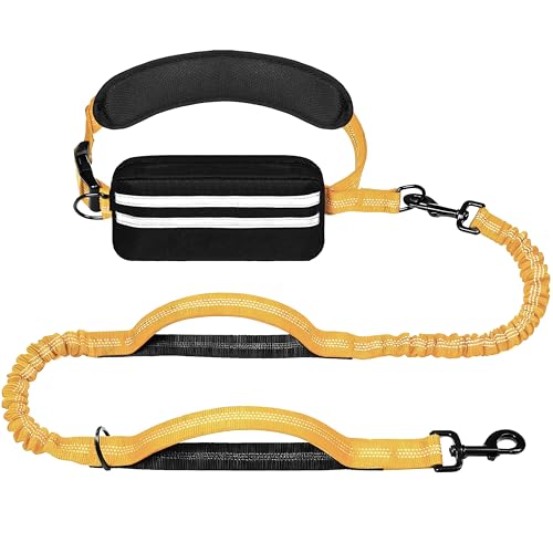 Hands Free Dog Leash with Zipper Pouch, Running Waist Leash for Dog Walking, Adjustable Waist Belt for Large Dogs, Reflective Bungee Design with Two Handle for Hiking, Training, Yellow - color: Yellow
