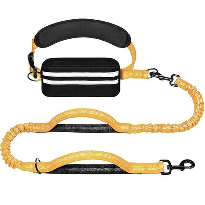 Hands Free Dog Leash with Zipper Pouch, Running Waist Leash for Dog Walking, Adjustable Waist Belt for Large Dogs, Reflective Bungee Design with Two Handle for Hiking, Training, Yellow - color: Yellow