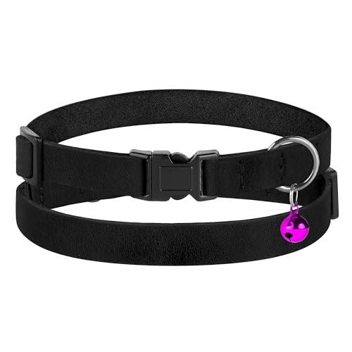 Breakaway Cat Collar Leather with Removable Bell - 13 Colors Available - Soft Adjustable Girl Boy Safety Lightweight Pet Kitten Collars Pink Brown Blue Green Red Orange Black (Black) - color: Black