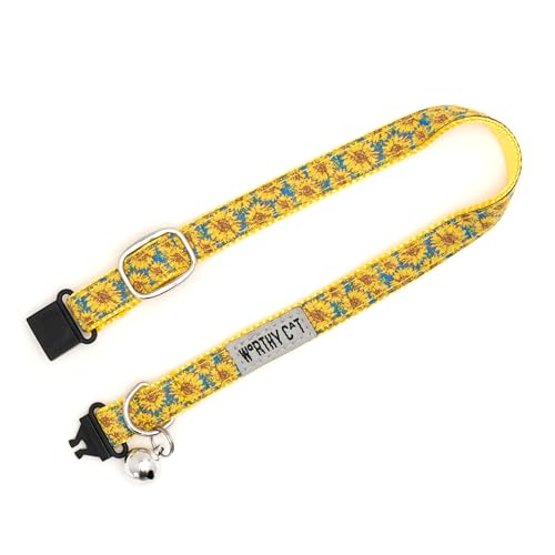 THE WORTHY DOG Patterned Sunflowers Cat Collar with Bell, Adjustable Nylon Safety Collar, Blue, One Size - color: Blue-Sunflowers
