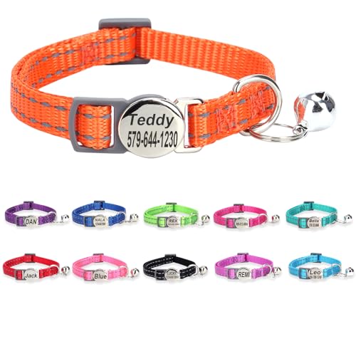 Engraved Personalized Cat Collar,Breakaway Safety Release Buckle,Reflective Kitten Collars with ID Name Tag,Adjustable Nylon Collar with Bell for Small Dogs Puppy Kitten Cat,Orange(7.5''-12.0'') - color: Orange