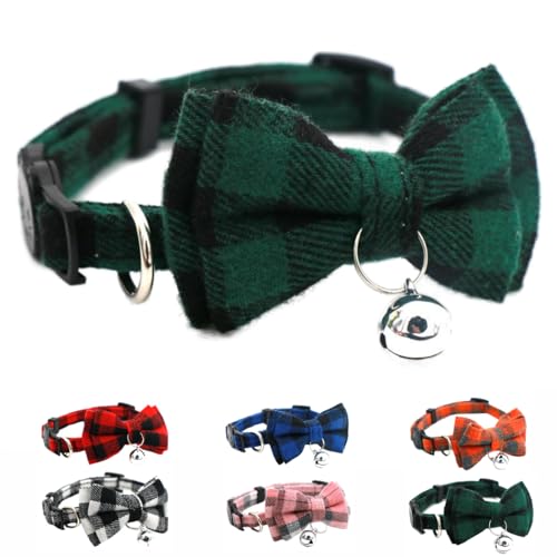 Green Plaid Bow Cat Collar with Bell, Breakaway Dog Bell Collar with Bowtie Christmas Puppy Collars for XXS Xs Small Tiny Little Pet Dogs Boy Girl Kitten, for Hoilday Birthday Party - color: Green Plaid