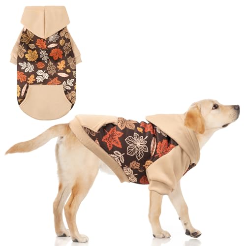KOOLTAIL Fall Dog Hoodie with Autumn Maple Leaf Pattern for Small Medium Large Dogs -Thanksgiving Pet Sweater Sweatshirt Warm Cold Weather Clothes with Leash Hole and Pocket for Puppy Male/Female L - color: Fall Leaves, size: Large
