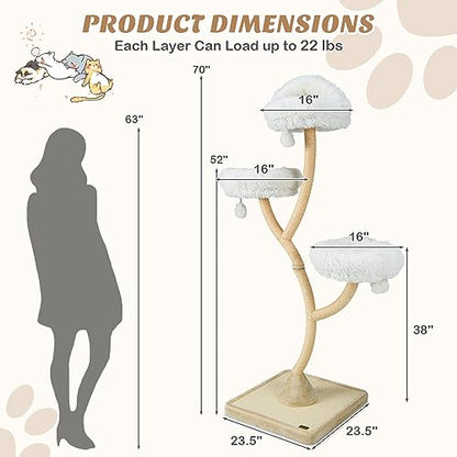 PETSITE 70" Tall Cat Tree, Cat Tower with Scratching Posts and Board, Multi-Level Cat Tower for Large Cats 20 lbs+ with 3 Cozy Perches and Dangling Balls, Modern Cat Tree for Indoor Cats Large Adult - color: White