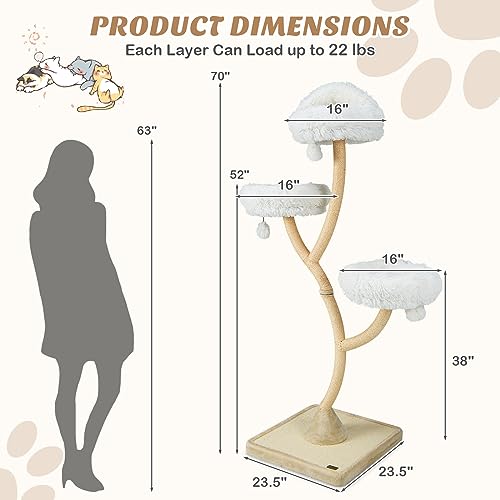 PETSITE 70" Tall Cat Tree, Cat Tower with Scratching Posts and Board, Multi-Level Cat Tower for Large Cats 20 lbs+ with 3 Cozy Perches and Dangling Balls, Modern Cat Tree for Indoor Cats Large Adult - color: White