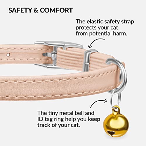 CollarDirect Leather Cat Collar with Removable Bell – Safety Elastic Strap (Breakaway Alternative) – Kitten Collar for Small & Big Boy & Girl Cats - color: Beige, size: 6-7 Inch