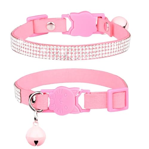 Soft Velvet Cat Collars, Breakaway Rhinestone Cats Collars with Bell Adjustable Pet Collar for Kitten Puppy Small Dogs and Cats(S,Pink) - color: pink, size: S