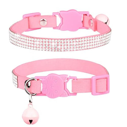 Soft Velvet Cat Collars, Breakaway Rhinestone Cats Collars with Bell Adjustable Pet Collar for Kitten Puppy Small Dogs and Cats(S,Pink) - color: pink, size: S