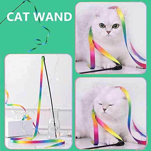 LASOCUHOO Interactive Cat Rainbow Wand Toys, Interactive Cat Teaser Wand String, Colorful Ribbon Charmer for Most Cats and Kittens - 2 PCS - color: Greenrainbow