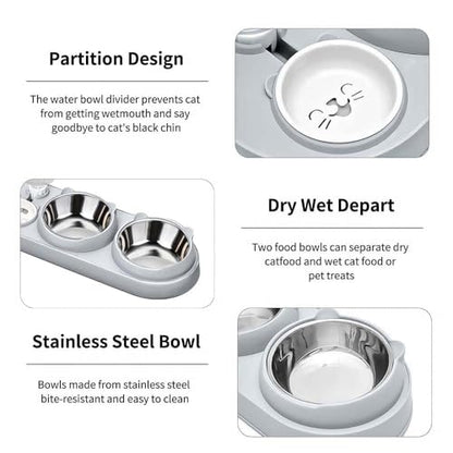 3 in 1 Cat Bowl, Cat Food and Water Bowl Set with Water Dispenser and Stainless Steel Bowls, 15° Tilted Pet Raised Three Bowls for Indoor Cats, Small or Medium Sized Dogs